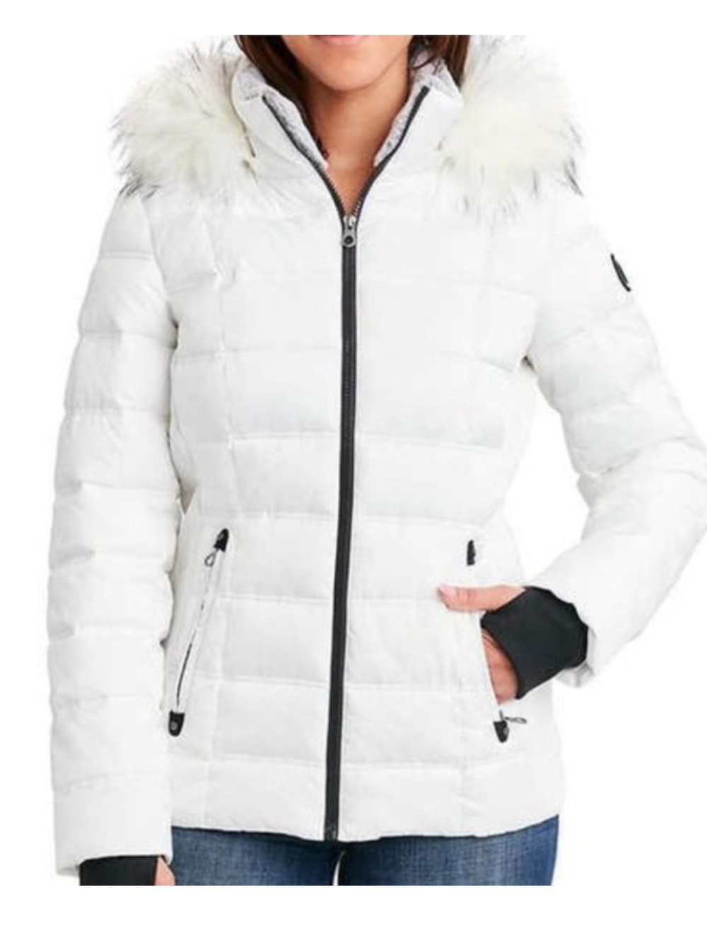 Nautica White Quilted Puffer Jacket with Removable Faux Fur Hood